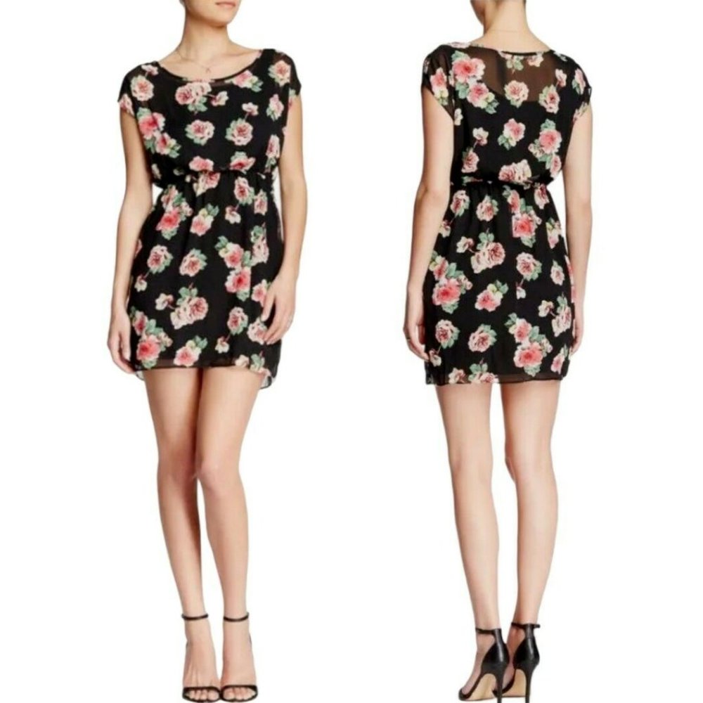 Soprano Rose Black Chiffon Blouson Cocktail Dress